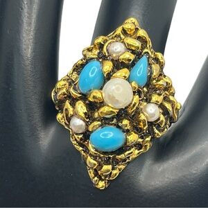 ART Arthur Pepper signed Adjustable ring faux pearl & blue stone gold tone